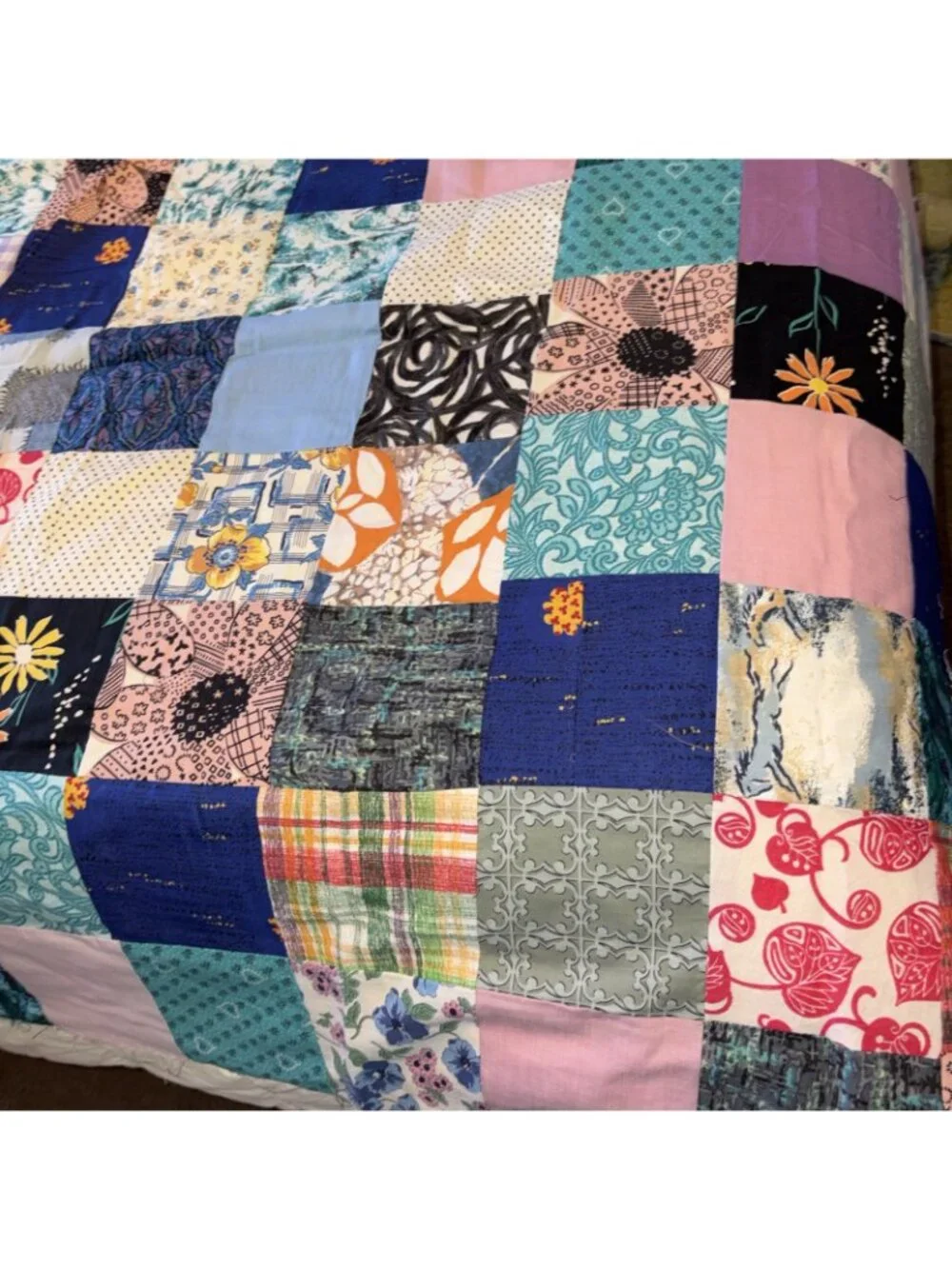 Vintage 68x82 Patchwork Cotton Print Quilt Topper